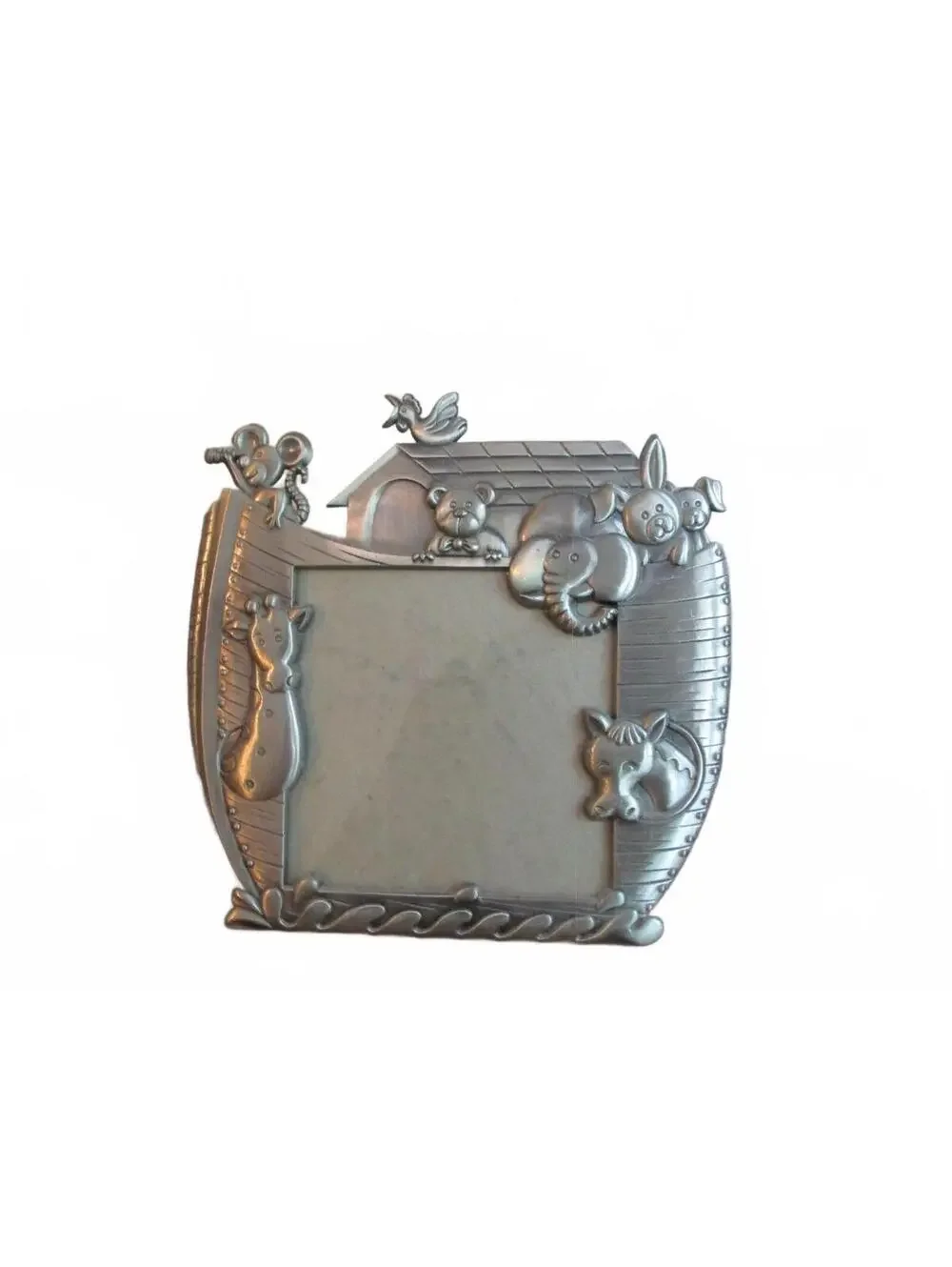 Vintage Noahs Ark Pewter Picture Frame 3D Baby Animals Silver Tone Nursery Decor